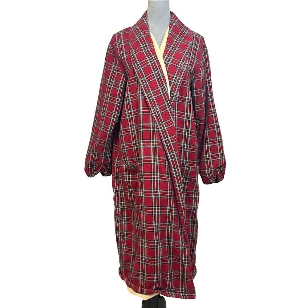 Vtg L.L. Bean Men’s Long Flannel Red Tartan Plaid Robe M Housecoat **NO BELT**
